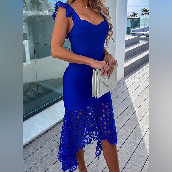 Royal Blue Crochet Lace Fishtail Midi Dress - Picture 3 of 5